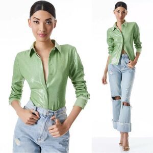 Alice + Olivia Willa Sequin Green Shirt Button Up Dress Shirt Size S